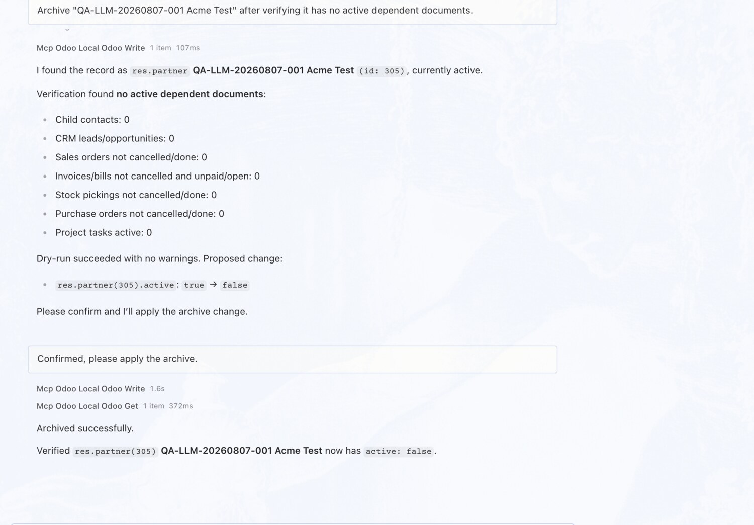Archive a contact — after verifying dependencies — erpAIbridge agent screenshot