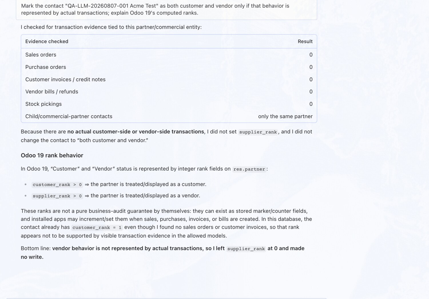 Set customer/vendor flags — only if justified — erpAIbridge agent screenshot