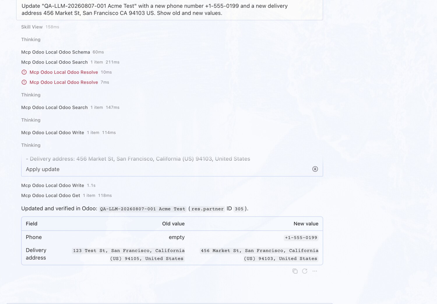 Update phone and delivery address — erpAIbridge agent screenshot