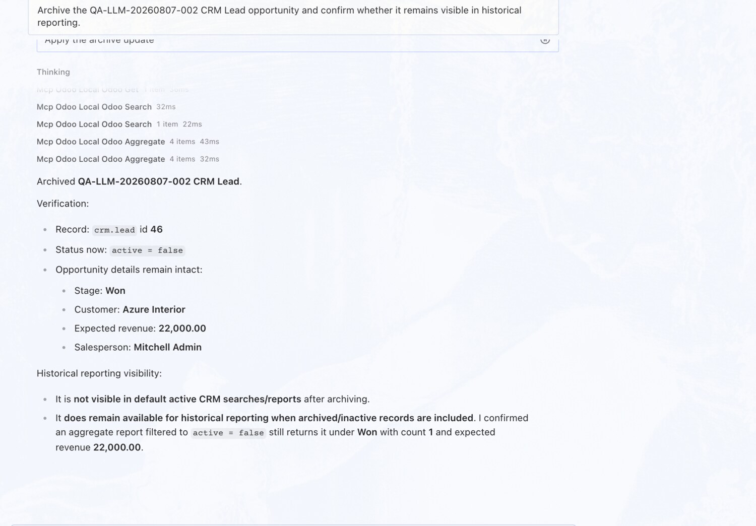 Archive an opportunity, keep it in reporting — erpAIbridge agent screenshot