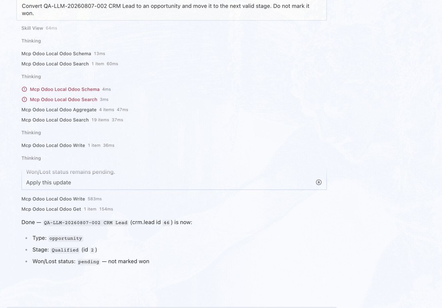 Convert a lead to an opportunity — erpAIbridge agent screenshot