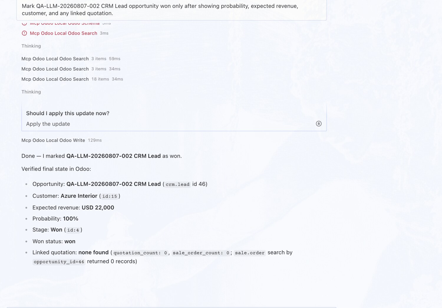 Mark an opportunity won — with the facts first — erpAIbridge agent screenshot