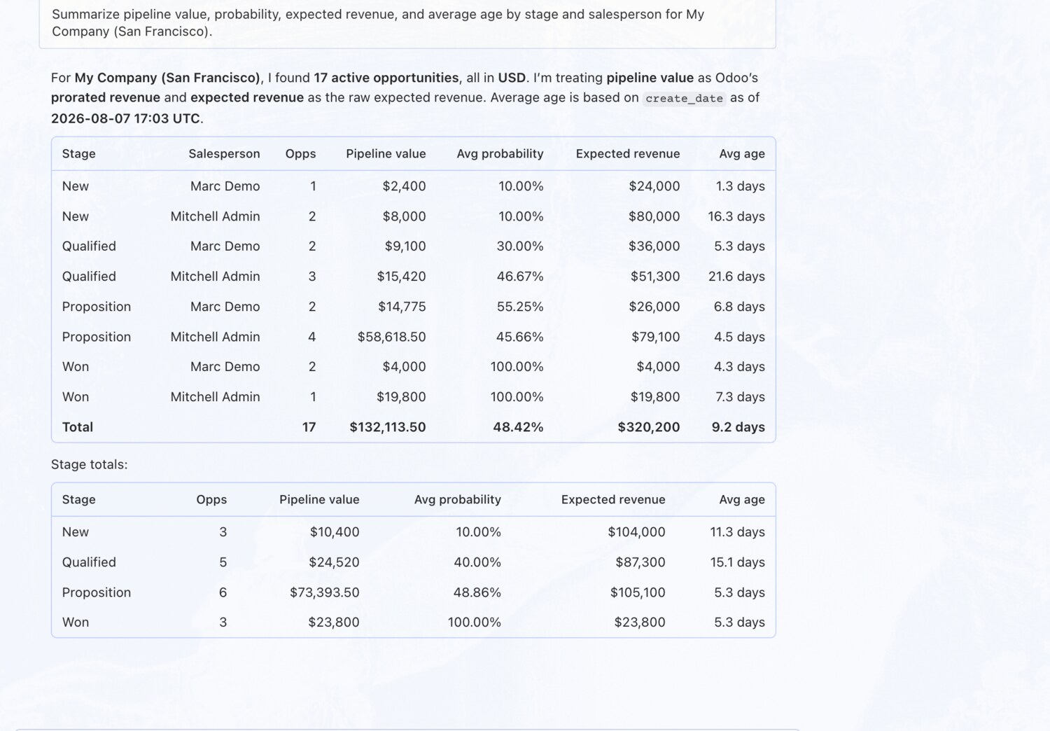 Summarize the pipeline by stage and salesperson — erpAIbridge agent screenshot