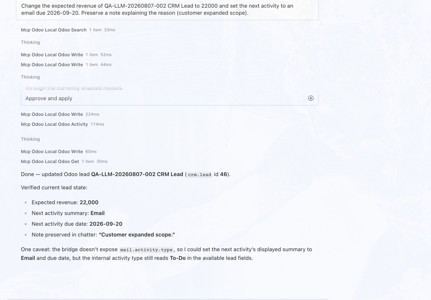 Update revenue and schedule a follow-up — erpAIbridge agent screenshot