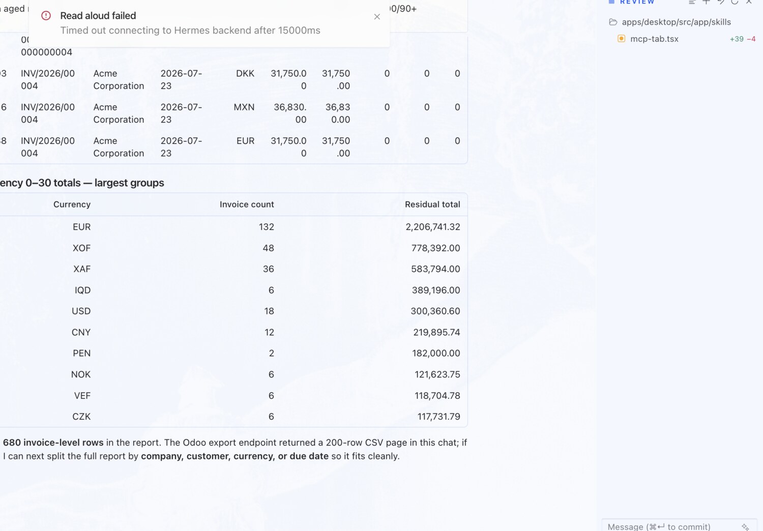 Aged receivables with ageing buckets — erpAIbridge agent screenshot