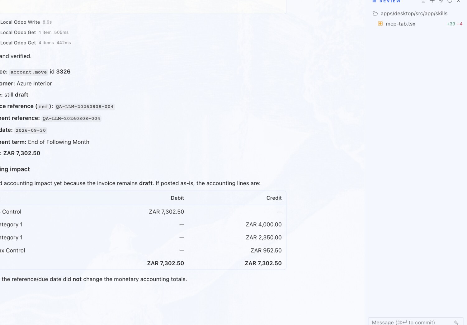 Correct an invoice reference and due date — erpAIbridge agent screenshot