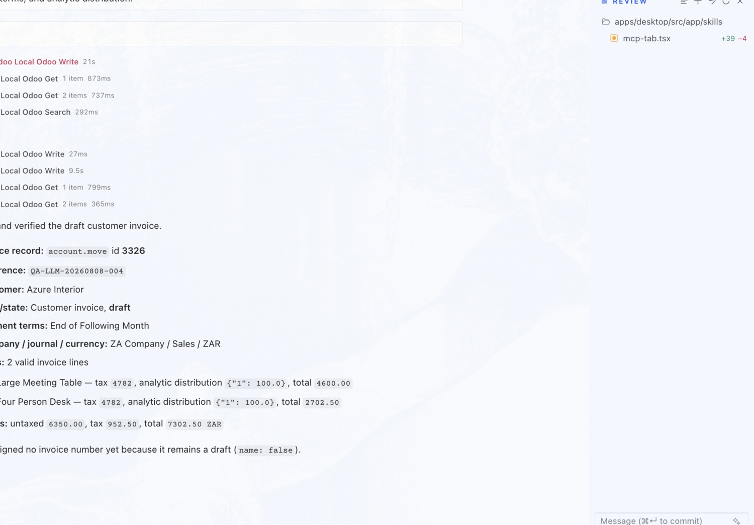 Create a draft customer invoice — erpAIbridge agent screenshot