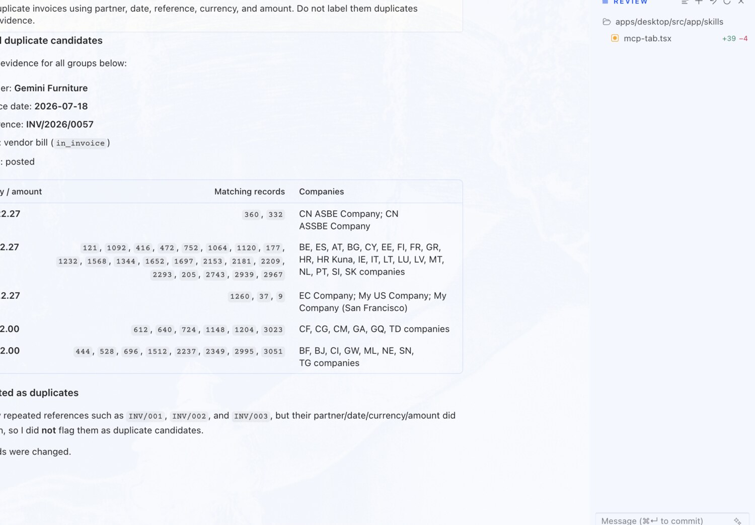 Detect duplicate invoices — with evidence — erpAIbridge agent screenshot