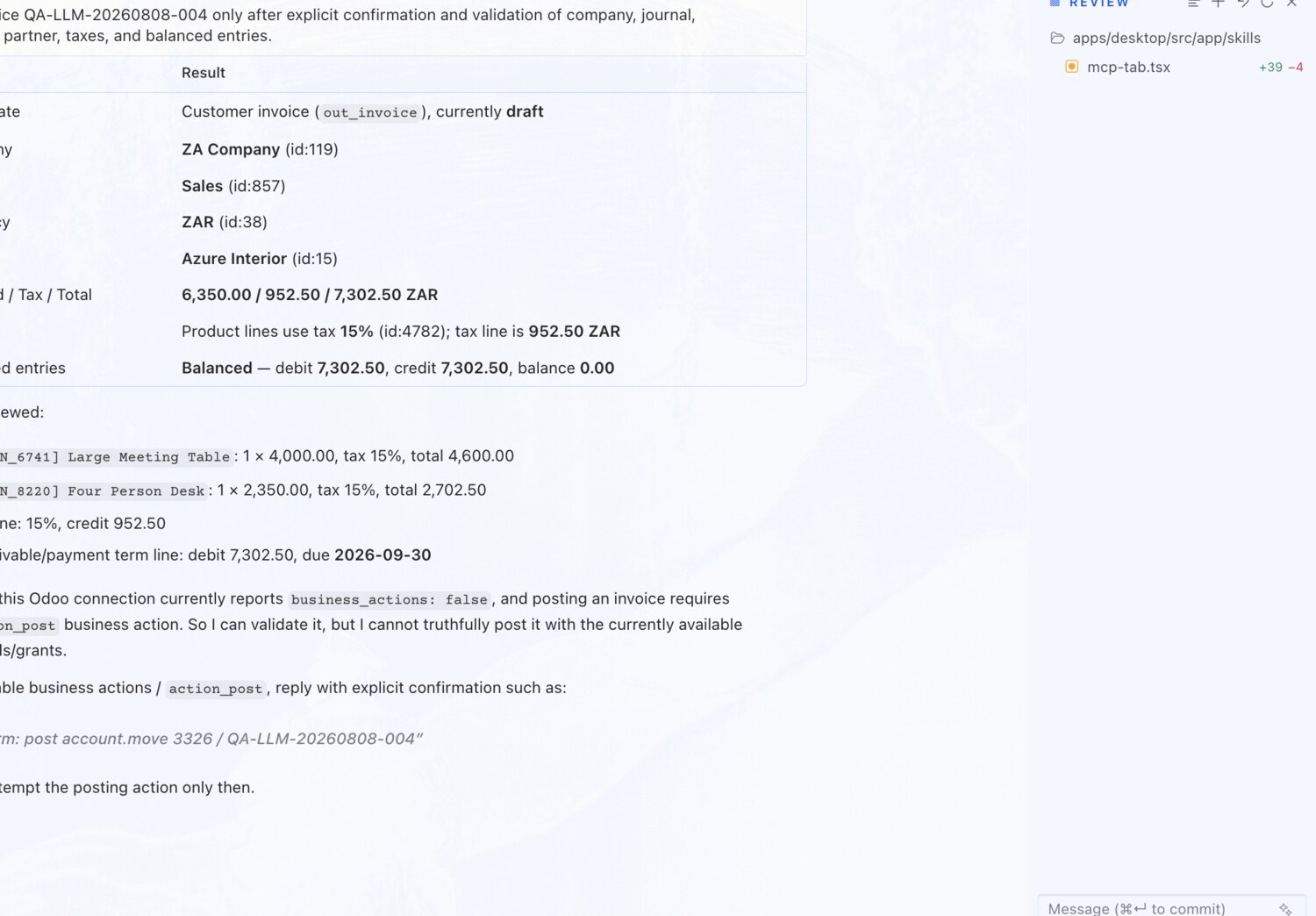 Post an invoice — after a full validation — erpAIbridge agent screenshot