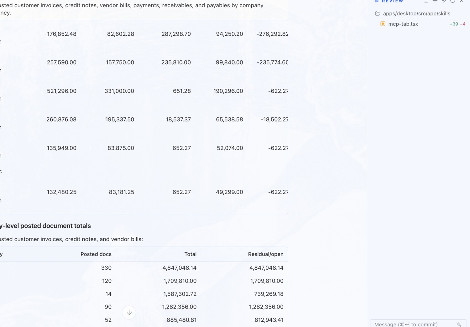 Finance report by company and currency — erpAIbridge agent screenshot
