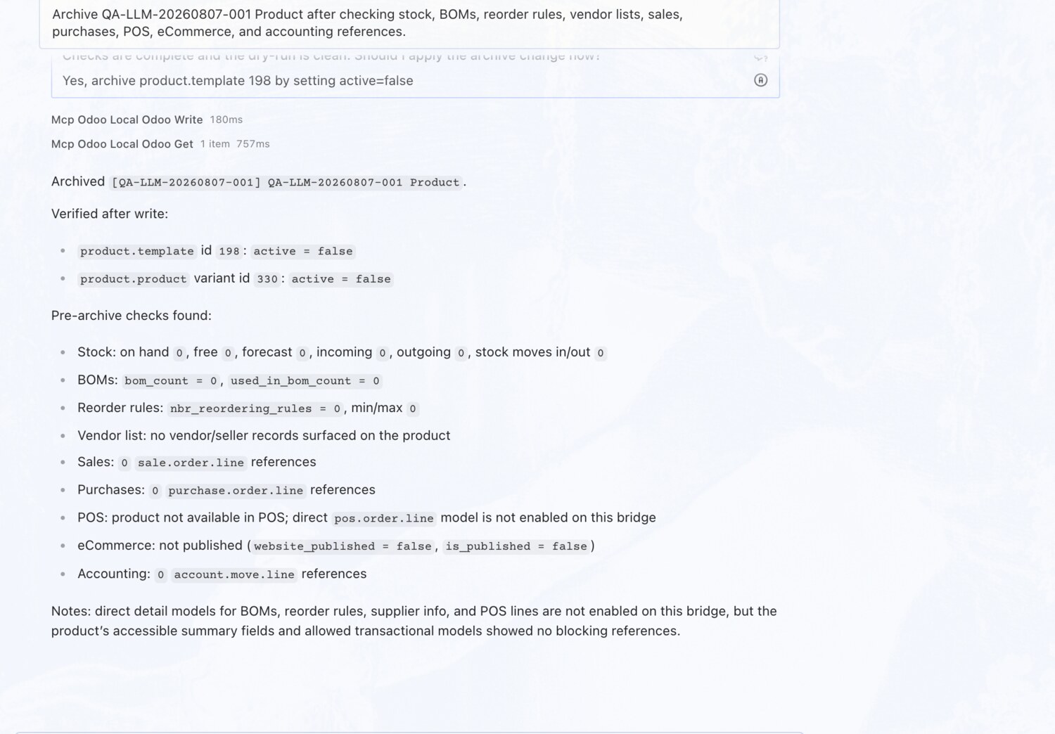 Archive a product — after checking every dependency — erpAIbridge agent screenshot