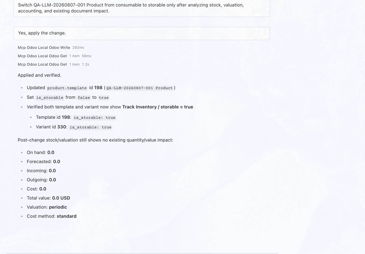 Switch a product to storable — after an impact check — erpAIbridge agent screenshot