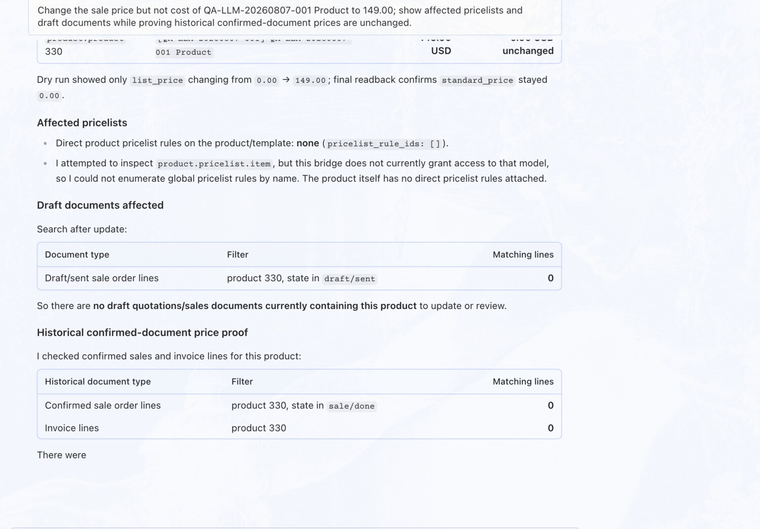 Change a product's sale price (not its cost) — erpAIbridge agent screenshot