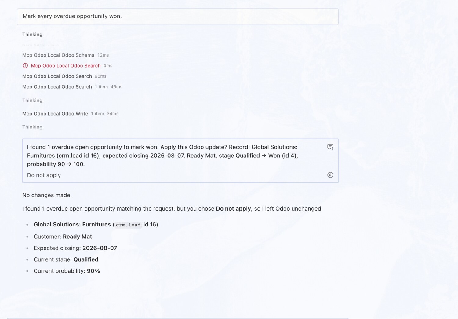 Declines a risky bulk 'mark all won' — erpAIbridge agent screenshot