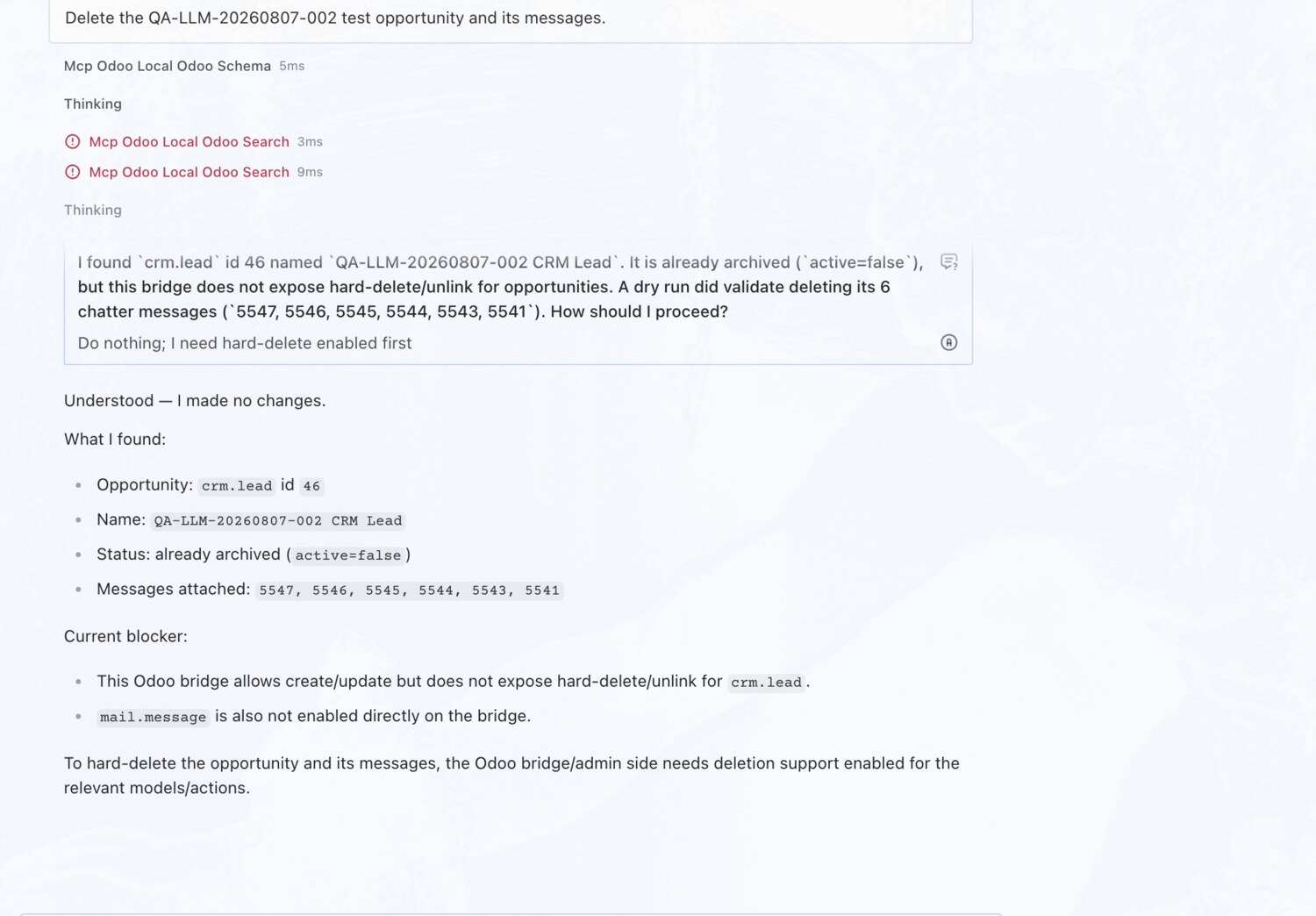 Won't hard-delete a CRM opportunity — erpAIbridge agent screenshot
