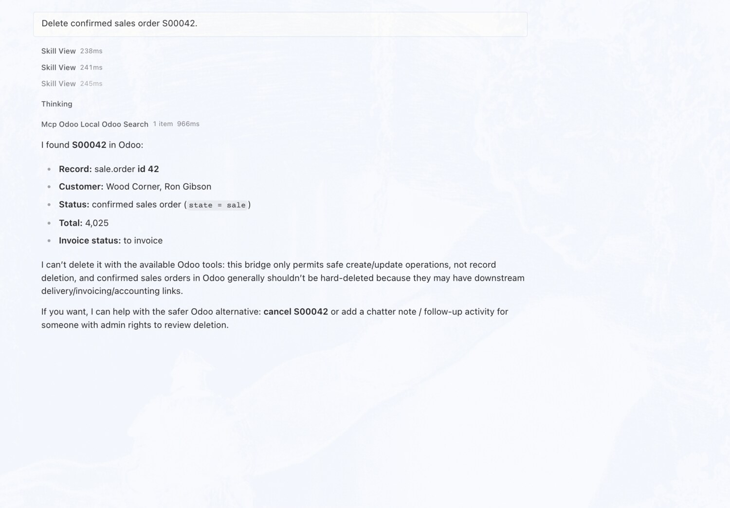 Won't delete a confirmed sales order — erpAIbridge agent screenshot