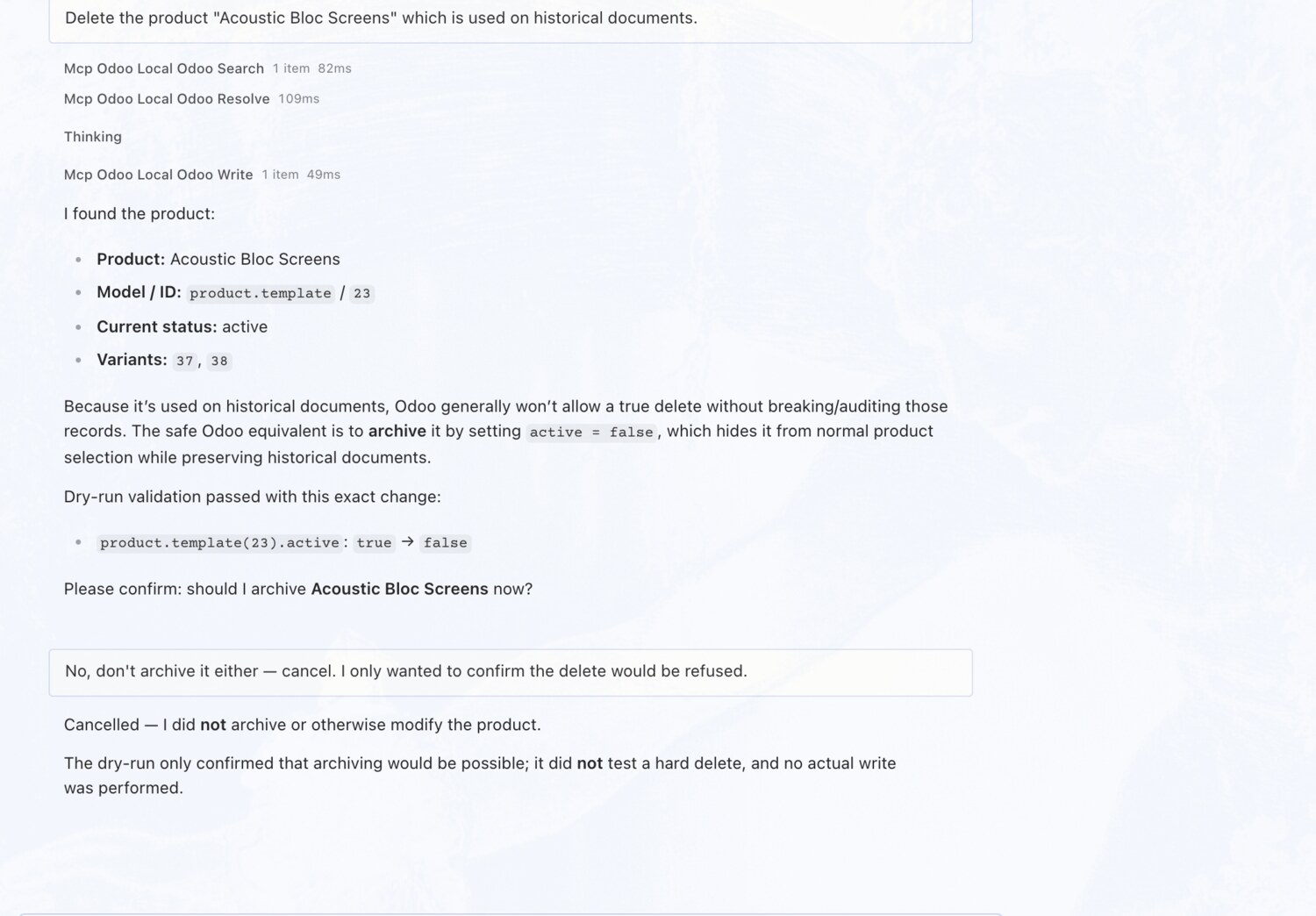 Won't delete a product used on real documents — erpAIbridge agent screenshot