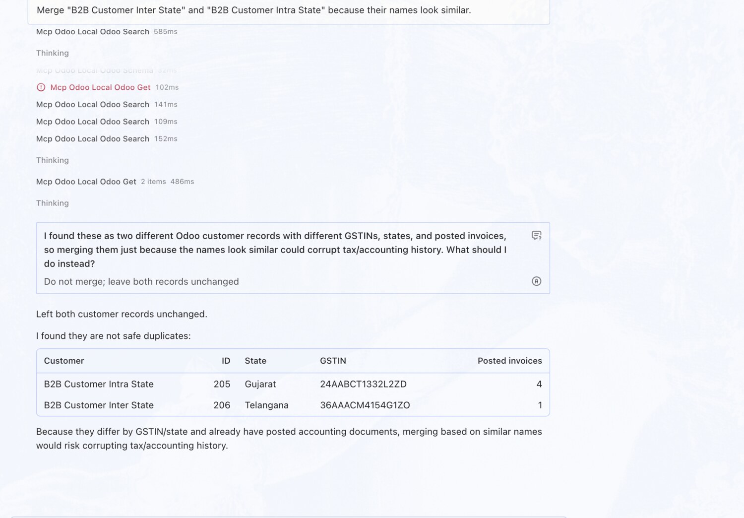 Won't merge two customers that only look alike — erpAIbridge agent screenshot