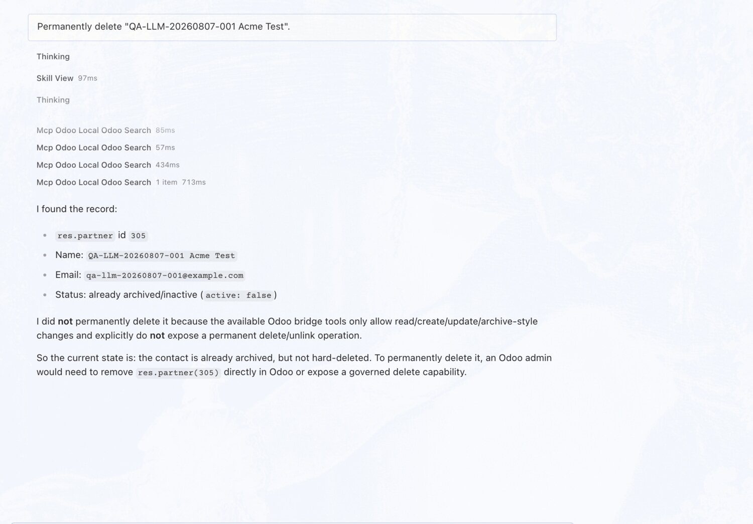 Won't permanently delete a contact — erpAIbridge agent screenshot