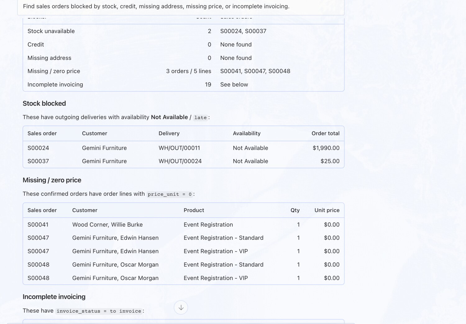 Find blocked sales orders — erpAIbridge agent screenshot