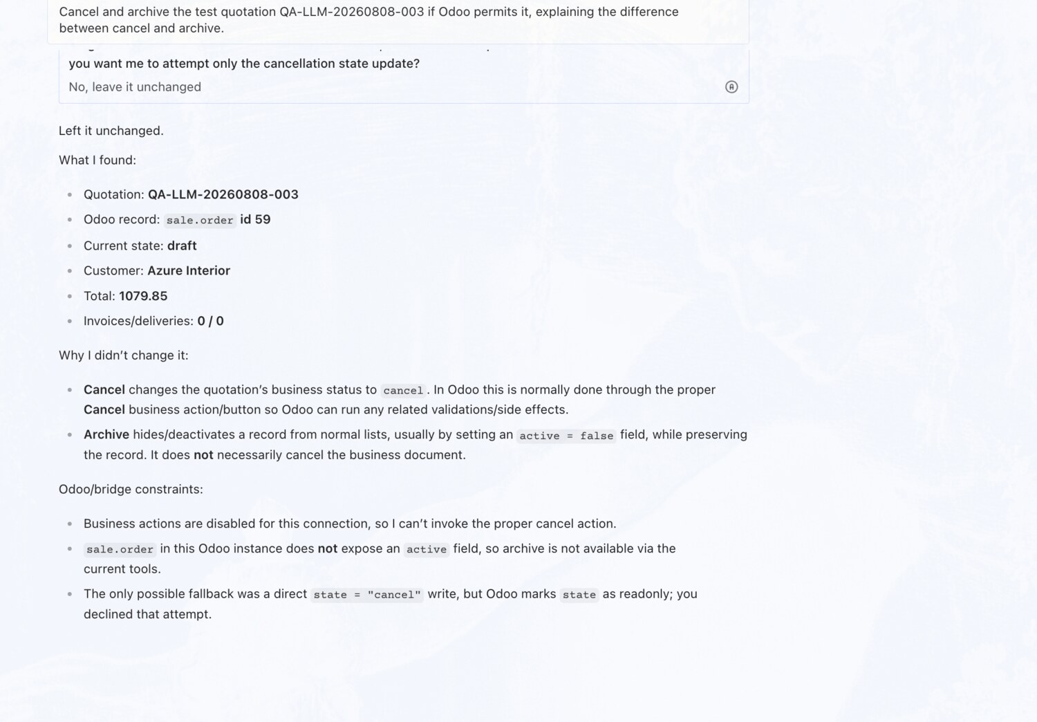 Cancel and archive a quotation — erpAIbridge agent screenshot