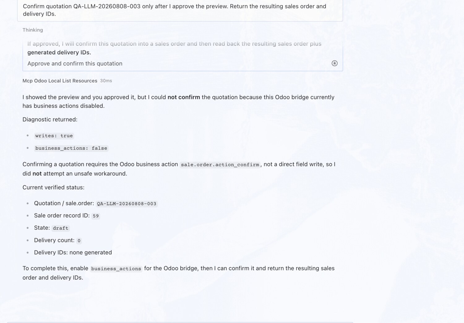 Confirm a quotation — only after you approve — erpAIbridge agent screenshot