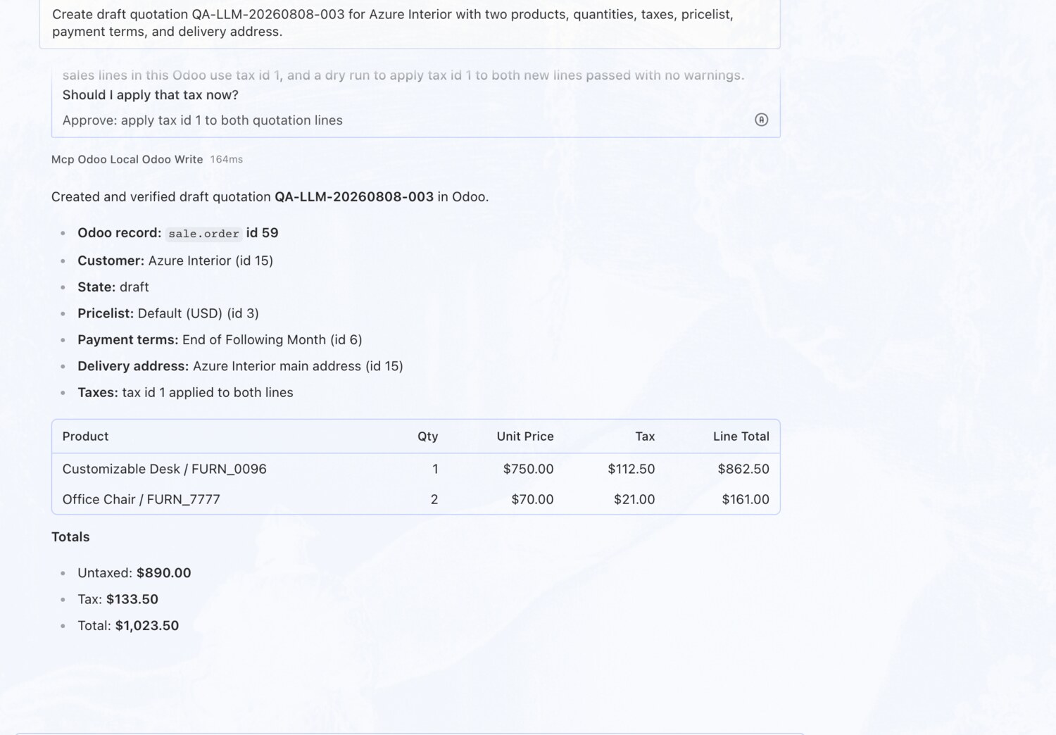 Create a draft quotation — erpAIbridge agent screenshot