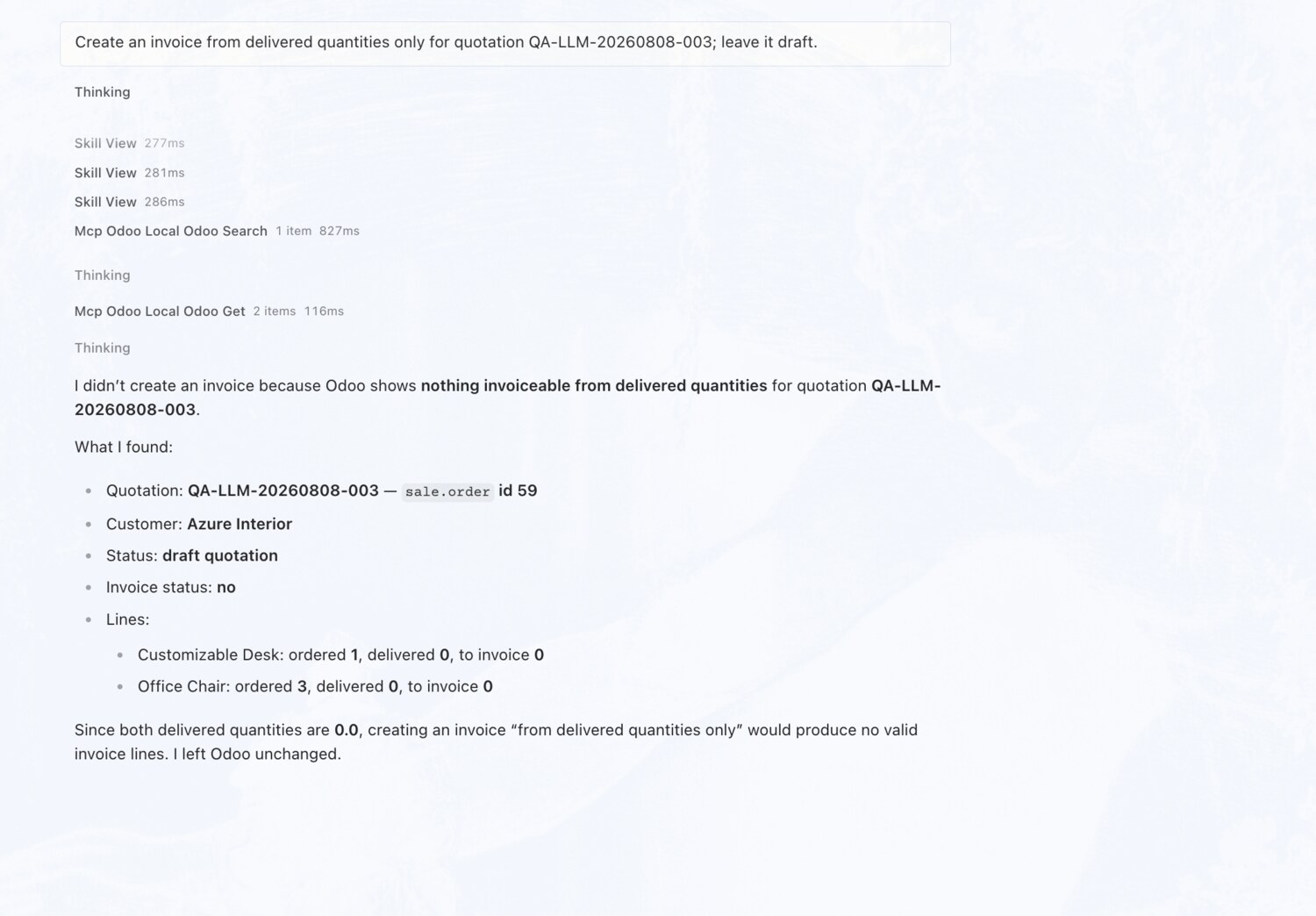 Invoice delivered quantities only — erpAIbridge agent screenshot