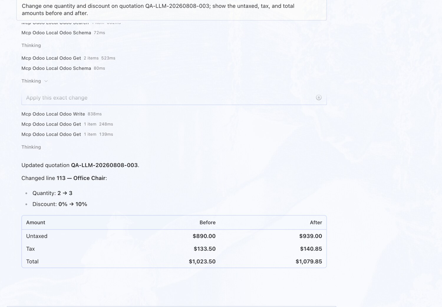 Change a line's quantity and discount — erpAIbridge agent screenshot